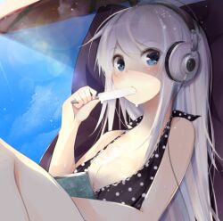  akg akg_k-series_headphones benio_(dontsugel) bikini blue_eyes blush book commentary_request day female headphones long_hair mouth_hold original silver_hair sky solo sun swimsuit umbrella 