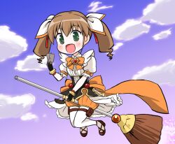  bow broom broom_riding brown_hair commentary_request dog_days female fingerless_gloves gloves green_eyes hair_ribbon kuromitu_(kageneko) rebecca_anderson ribbon solo thighhighs twintails 