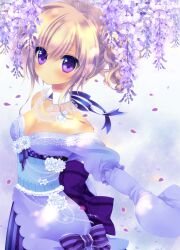  blonde_hair blush bow breasts cleavage commentary_request detached_collar dress female flower konno_kengo long_sleeves medium_breasts off_shoulder original petals photoshop_(medium) puffy_sleeves purple_eyes short_hair smile solo twintails wisteria 