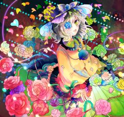  bad_id bad_pixiv_id bow female flower green_eyes grey_hair hat hat_bow kazu_(muchuukai) komeiji_koishi petals rose short_hair skirt smile solo third_eye thorns touhou 