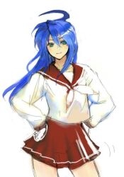  ahoge blue_eyes blue_hair commentary_request contrapposto female hands_on_own_hips huge_ahoge izumi_konata long_hair lucky_star mole mole_under_eye oda_non ryouou_school_uniform school_uniform serafuku skirt smile solo standing 