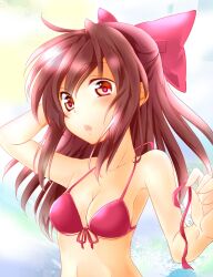  :o bikini bow breasts brown_hair cleavage collarbone commentary_request female front-tie_top hairbow hakurei_reimu highres medium_breasts nekoko_(mono96) red_bikini short_hair solo swimsuit touhou upper_body yellow_eyes 