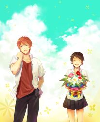  1boy blue_eyes blush bouquet brown_hair closed_eyes cloud commentary_request day embarrassed female flower hand_in_pocket konno_makoto mamiya_chiaki open_mouth photoshop_(medium) pleated_skirt red_hair runia school_uniform short_hair skirt smile toki_wo_kakeru_shoujo 