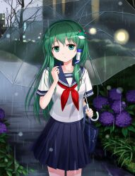  alternate_costume bag blue_sailor_collar blue_sky blurry bokeh breasts building collarbone commentary_request contemporary cowboy_shot depth_of_field female flower frog_hair_ornament grass green_eyes green_hair hair_ornament hair_tubes head_tilt holding holding_umbrella hydrangea kochiya_sanae leaf long_hair looking_at_viewer medium_breasts outdoors pavement photoshop_(medium) pleated_skirt purple_flower rain sailor_collar school_bag school_uniform serafuku short_sleeves single_hair_tube skirt sky small_hands snake_hair_ornament solo standing touhou transparent transparent_umbrella tree tucana umbrella wet_pavement 