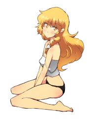  bad_id bad_pixiv_id bare_shoulders barefoot black_panties blonde_hair blush bow braid breasts camisole female kirisame_marisa long_hair medium_breasts no_headwear non_(z-art) panties simple_background single_braid sitting solo strap_slip touhou underwear underwear_only white_background yellow_eyes 