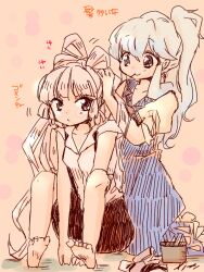  2girls alternate_hairstyle barefoot blue_hair commentary_request fujiwara_no_mokou hairdressing kamishirasawa_keine komaku_juushoku long_hair multiple_girls ponytail suspenders touhou 