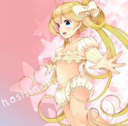  bad_id bad_pixiv_id blonde_hair bloomers blue_eyes bow female hair_ornament hair_rings hairbow hairclip long_hair momoshiki_tsubaki navel open_mouth original outstretched_arms outstretched_hand solo star_(symbol) twintails underwear 