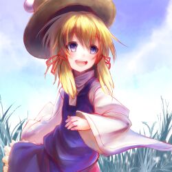  blonde_hair commentary_request eho_(icbm) female grass hat long_sleeves moriya_suwako open_mouth purple_eyes short_hair solo touhou unworn_hat unworn_headwear wide_sleeves 