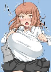  :o ahoge bag black_skirt blue_background bouncing_breasts breasts brown_eyes brown_hair commentary_request female huge_breasts komusou_(jinrikisha) long_hair ooba_minori open_mouth original pleated_skirt running shirt shoulder_bag simple_background skirt solo unaligned_breasts white_shirt 