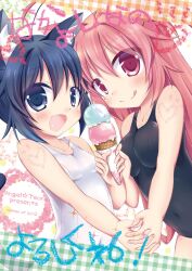  2girls :d :q black_eyes black_hair brown_hair commentary_request food holding_hands ice_cream interlocked_fingers long_hair mole multiple_girls one-piece_swimsuit open_mouth original red_eyes school_swimsuit smile swimsuit tail tongue tongue_out tougo white_one-piece_swimsuit 