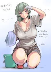  :o aged_up blush breasts bucket cleavage cloth curvy female grey_hair large_breasts long_hair on_one_knee open_mouth red_eyes rozen_maiden shirt shoes shorts solo squatting suigintou sweat t-shirt thick_thighs thighs translated tsuda_nanafushi 