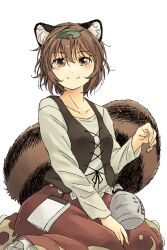  animal_ears bottle brown_eyes brown_hair commentary_request female futatsuiwa_mamizou leaf leaf_on_head no_eyewear raccoon_ears raccoon_tail short_hair smile solo tail touhou wild_and_horned_hermit yudepii 