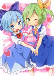  2girls ;) blue_eyes blue_hair blush bow cirno commentary_request daiyousei dress green_eyes green_hair hair_ornament hair_ribbon hairbow hairclip hairpin heart heart_arms heart_arms_duo jigatei_(omijin) looking_at_viewer multiple_girls oerba_yun_fang one_eye_closed photoshop_(medium) ribbon short_hair side_ponytail smile touhou 