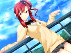  cigarette cloud day female game_cg himori_shii joker_-shisen_no_hate_no_doukeshi- miniskirt oryo_(oryo04) plaid plaid_skirt ponytail railing red_hair school_uniform skirt sky smoking solo sweater 