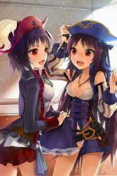  2girls arms_up bare_shoulders belt bicorne breasts ddongu hat jacket jewelry long_hair lowres medium_breasts multiple_girls necklace oerba_yun_fang open_mouth photoshop_(medium) pleated_skirt purple_hair red_eyes rion_flina short_hair sion_flina skirt skull_and_crossbones smile sword_girls 