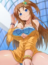  bad_id bad_pixiv_id bare_shoulders bikini blue_eyes bracelet breasts brown_hair bursting_breasts cleavage commentary_request emanon123 female hair_ornament idolmaster idolmaster_cinderella_girls jewelry large_breasts legs long_hair matsumoto_sarina one_side_up photoshop_(medium) rei_no_pool sleeves_pushed_up smile solo spread_legs swimsuit thighs underboob 