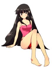  bad_id bad_pixiv_id bare_shoulders barefoot black_eyes black_hair blush breasts camisole collarbone female houraisan_kaguya long_hair medium_breasts non_(z-art) panties red_panties simple_background sitting solo touhou underwear underwear_only very_long_hair white_background 