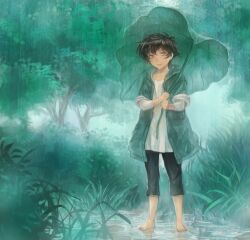  1boy aged_down bad_id bad_pixiv_id barefoot black_hair brown_eyes capri_pants coat gundam gundam_00 leaf_umbrella male_focus outdoors pants rain ris setsuna_f._seiei solo soran_ibrahim 