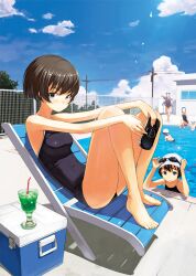  6+girls bare_legs bare_shoulders barefoot black_hair blue_eyes blue_sky chair cloud commentary_request competition_school_swimsuit cooler day drink drinking_straw feet feet_on_chair fence goggles goggles_on_head handheld_game_console ice lens_flare looking_at_viewer lounge_chair maeda_risou multiple_girls one-piece_swimsuit original outdoors partially_submerged perspective playstation_portable pool poolside power_lines school_swimsuit shadow short_hair sitting sky soaking_feet swim_cap swimming swimsuit transformer utility_pole water 