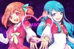  2girls akb0048 aqua_hair bad_id bad_pixiv_id commentary_request flower heart karnemelk long_hair motomiya_nagisa multiple_girls outstretched_hand red_hair ribbon short_hair smile sono_chieri 