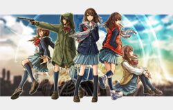  artist_request bag brown_eyes brown_hair coat female gun handgun hood multiple_persona scarf school_uniform shindo_mikoto sitting skirt socks suppressor sweater_vest time_paradox time_travelers vest watch weapon wristwatch 