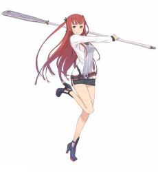  arca_(summon_night) belt blush female full_body high_heels holding jpeg_artifacts kuroboshi_kouhaku leg_up long_hair miniskirt official_art red_hair resized shoes simple_background skirt smile solo summon_night summon_night_5 weapon white_background 