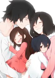  2boys 2girls ame_(ookami_kodomo) black_hair brown_eyes brown_hair closed_eyes commentary_request dress facial_hair family father_and_daughter father_and_son hana_(ookami_kodomo) juugonichi_(wheeliex2) long_hair mother_and_daughter mother_and_son multiple_boys multiple_girls ookami_kodomo_no_ame_to_yuki ookami_otoko photoshop_(medium) short_hair smile stubble yuki_(ookami_kodomo) 