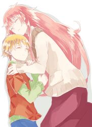  1boy bad_id bad_pixiv_id blonde_hair dress female jinrui_wa_suitai_shimashita joshu-san long_hair photoshop_(medium) pink_hair rancherranta sleeping sweater very_long_hair watashi_(jintai) 