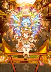  2girls :3 :d ;d animal animal_hug animal_on_head architecture bad_id bad_pixiv_id barefoot blue_eyes blue_hair blush brown_eyes brown_hair cat_on_head chen cirno commentary_request east_asian_architecture feet feline hat ice ice_wings im_(badmasa) lantern looking_at_viewer maneki-neko multiple_girls on_head one_eye_closed open_mouth paw_pose perspective petals photoshop_(medium) scenery short_hair sitting sitting_on_torii smile torii touhou wings 