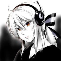  ahoge bow caffein commentary female hair_ribbon headset long_hair monochrome orange_eyes ponytail ribbon solo spot_color striped_bow symbol-only_commentary upper_body vocaloid yowane_haku 