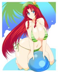  ass ball barefoot between_legs bikini blue_eyes braid braids breasts curvy feet female female green_bikini hat hips hong_meiling huge_ass huge_breasts kneeling mound_of_venus navel outdoors red_hair solo summer swimsuit thighs touhou wedge wide_hips 