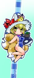  aburaage alternate_headwear barefoot blonde_hair blue_background bow breasts chen chen_(cat) chibi commentary_request female food fox_tail full_body hair_ribbon hat hat_bow hat_ribbon ikuta_takanon large_breasts multiple_tails naked_tabard revealing_clothes ribbon short_hair sideboob simple_background smile solo tabard tail touhou yakumo_ran yakumo_yukari yellow_eyes 