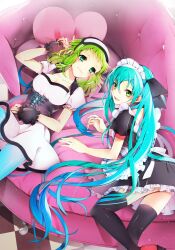  2girls alternate_costume aqua_hair checkered_floor commentary_request corset couch enmaided green_eyes green_hair gumi hakusai_(tiahszld) hatsune_miku highres long_hair maid maid_headdress multiple_girls pantyhose photoshop_(medium) thighhighs twintails very_long_hair vocaloid 