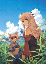  2girls :o animal_ears bad_id bad_pixiv_id bag blonde_hair blue_sky cat_ears cat_girl cat_tail cloud cloudy_sky comiket_82 commentary_request cross-laced_clothes daena day detached_sleeves elbow_gloves fake_animal_ears fantasy fingerless_gloves furry furry_female gloves gold_trim green_eyes hair_ornament holding imu_(lom) legend_of_mana long_hair long_sleeves looking_at_viewer midriff mountain mountainous_horizon multiple_girls navel outdoors seiken_densetsu short_hair sky souichi tail wide_sleeves 