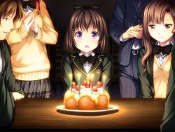  2boys 3girls black_hair blazer bookshelf bow brown_eyes brown_hair cake candle clapping d: food game_cg hair_ornament hairclip himori_shii jacket joker_-shisen_no_hate_no_doukeshi- kagurazaka_ikoi kuryuu_supika light_smile multiple_boys multiple_girls open_mouth oryo_(oryo04) purple_eyes school_uniform short_hair smile steepled_fingers sweater 