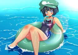  armpits black_hair blush dark_haired_kappa diving_mask extra female female grey_eyes hat hatsuse_rui innertube kappa_mob lens_flare looking_at_viewer school_swimsuit sitting solo swimsuit tan touhou water wet 