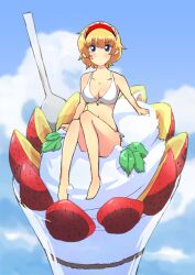  alice_margatroid bad_id bad_pixiv_id bare_legs bare_shoulders bikini blonde_hair blue_eyes blush breasts cloud collarbone day female food front-tie_top fruit ice_cream in_food medium_breasts mini_person minigirl navel non_(z-art) short_hair side-tie_bikini_bottom sitting sky solo spoon strawberry sundae swimsuit touhou white_bikini 