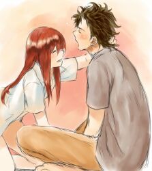  1boy bad_id bad_pixiv_id black_hair blush closed_eyes facial_hair female inuzuka_bouru long_hair makise_kurisu okabe_rintarou open_mouth red_hair short_hair simple_background sitting smile steins;gate straight stubble 