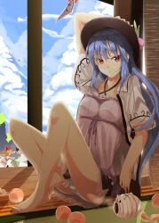  4girls alternate_costume barefoot blue_hair cloud commentary_request day food fruit hand_on_headwear hat hinanawi_tenshi ibuki_suika kayari_buta konpaku_youmu konpaku_youmu_(ghost) long_hair multiple_girls neropaso panties peach red_eyes shameimaru_aya sitting sky striped_clothes striped_panties touhou underwear veranda wind_chime 