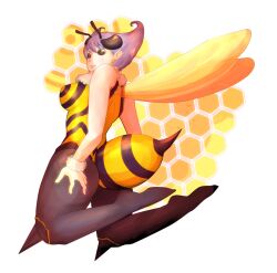  antennae arthropod_girl ass bee_girl commentary_request donguri_(acorncafe) female full_body honeycomb_(pattern) honeycomb_background insect_wings looking_back monster_girl pantyhose photoshop_(medium) purple_hair purple_pantyhose q-bee short_hair solo stinger vampire_(game) wings 