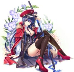  arm_support between_breasts black_thighhighs blue_hair blue_ribbon breasts cleavage commentary_request detached_collar epaulettes female floral_background flower garter_straps gladiolus hat high_heels holding katana large_breasts legs long_hair long_legs looking_at_viewer military military_uniform necktie necktie_between_breasts original peaked_cap photoshop_(medium) purple_eyes red_footwear ribbon riv_(rivleaf) sheath sheathed shoes sitting smile solo strappy_heels sword thighhighs thighs uniform weapon 