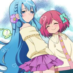  2girls akb0048 aqua_hair blush closed_eyes commentary_request flower heart kirara_(akb0048) long_hair motomiya_nagisa multiple_girls red_hair ribbon short_hair smile sono_chieri totoka 