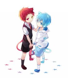  2boys aged_down akashi_seijuurou animal_ears bad_id bad_pixiv_id blue_eyes blue_hair cat_ears cat_tail full_body heterochromia holding_hands kotoko_(oxxxo) kuroko_no_basuke kuroko_tetsuya lolicon male_focus multiple_boys red_eyes red_hair short_hair simple_background smile tail white_background yellow_eyes 