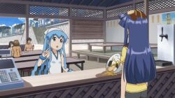  aizawa_chizuru animated animated beach blue_hair dance dancing food hat ikamusume long_hair noodles ramen shinryaku!_ikamusume squid_girl tentacle 