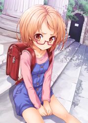  backpack bag brown_eyes brown_hair commentary_request female glasses overalls precure randoseru red-framed_eyewear shirabe_ako shirt short_hair sitting sitting_on_stairs solo stairs suite_precure tokunou_shoutarou 