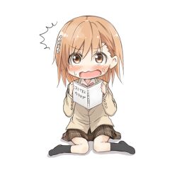  blush brown_eyes brown_hair chibi commentary_request female hair_ornament hairpin lowres misaka_mikoto mukunoki_nanatsu school_uniform skirt solo toaru_kagaku_no_railgun toaru_majutsu_no_index tokiwadai_school_uniform 