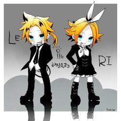  1boy :p aqua_eyes bandaid blonde_hair boots brother_and_sister female formal hair_ribbon himitsu_keisatsu_(vocaloid) kagamine_len kagamine_rin mami_(sweetcandy) necktie pale_skin ribbon short_hair siblings skirt smile tongue tongue_out twins vocaloid 