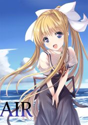  air_(visual_novel) bad_id bad_pixiv_id beach blonde_hair blue_eyes commentary_request day female hair_ribbon highres kamio_misuzu long_hair ponytail ribbon school_uniform solo sumisuzu very_long_hair 