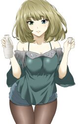  alcohol bare_shoulders blonde_hair blue_eyes bottle breasts choko_(cup) cleavage collarbone commentary_request cowboy_shot cup denim denim_shorts fashion female fringe_trim green_eyes grey_shorts heterochromia idolmaster idolmaster_cinderella_girls medium_breasts mole mole_under_eye pantyhose pantyhose_under_shorts parted_lips sake shorts shouji_nigou simple_background solo takagaki_kaede thigh_gap tokkuri white_background 