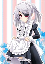  bad_id bad_pixiv_id blush commentary_request eyepatch female grey_hair infinite_stratos laura_bodewig long_hair maid maid_headdress photoshop_(medium) red_eyes solo thighhighs yamaki_suzu 